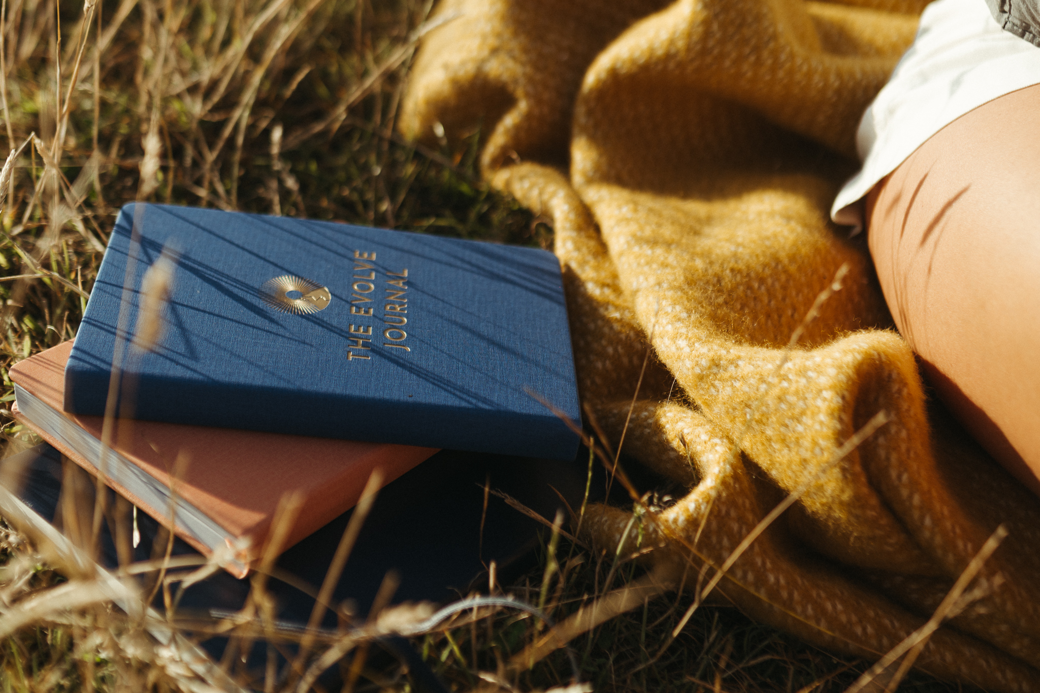 Blue journal on grass with a yellow blanket.