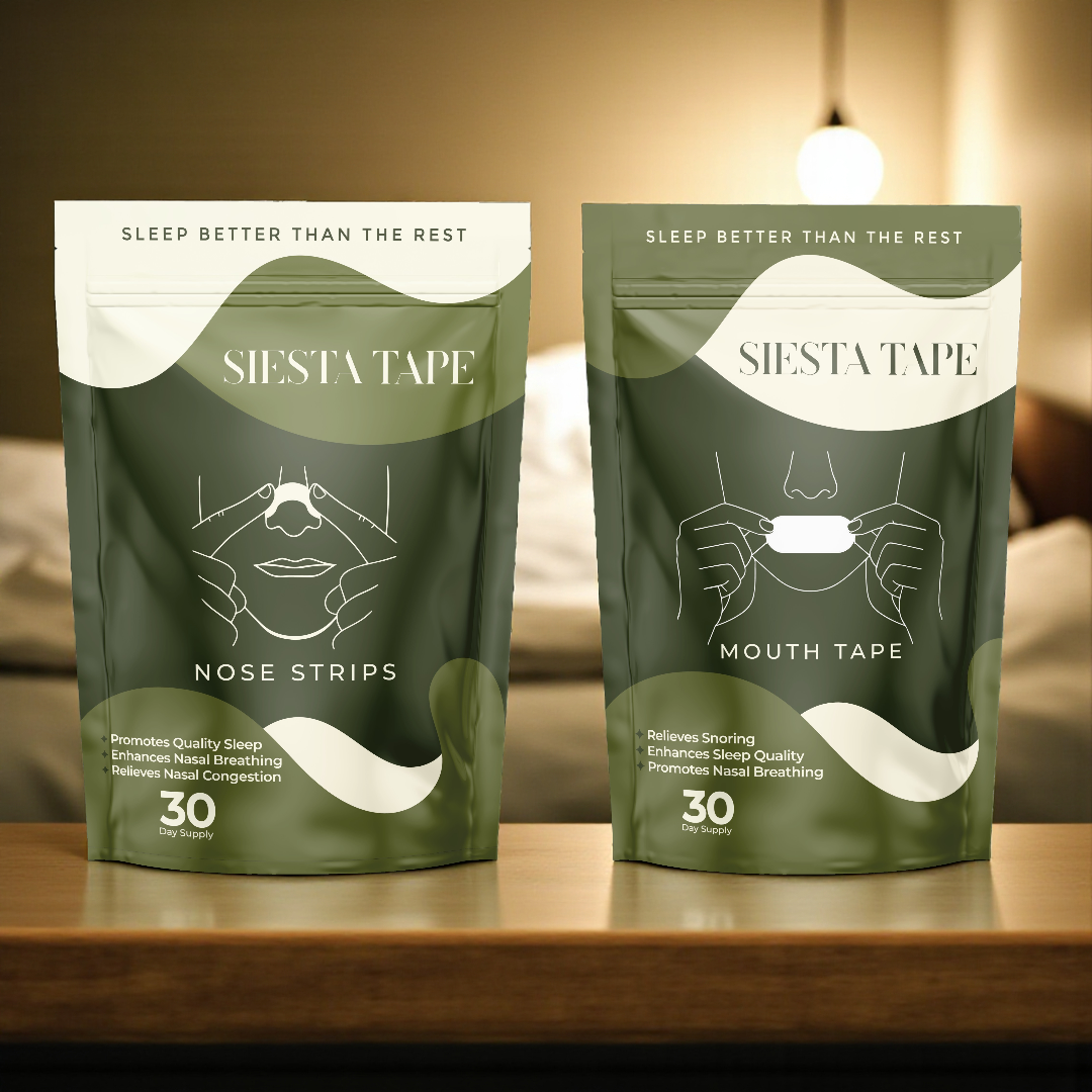 Two packages of Siesta Tape for nose and mouth on a wooden surface.