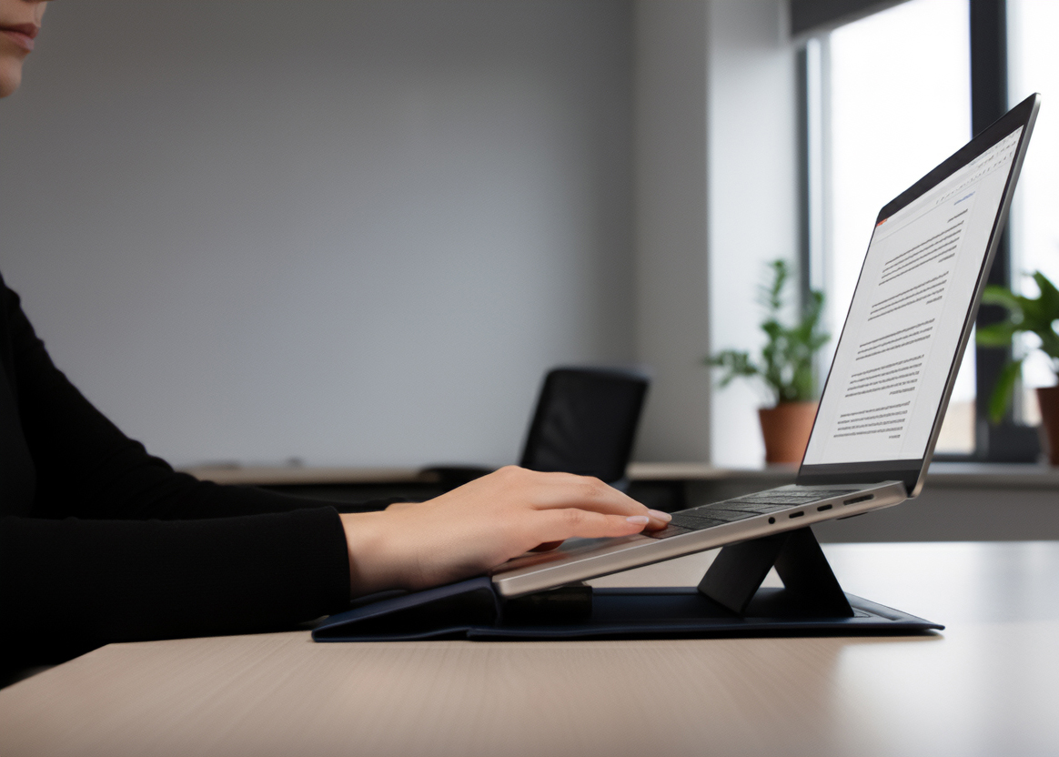 Person typing on a laptop with a document open, office setting with plants.