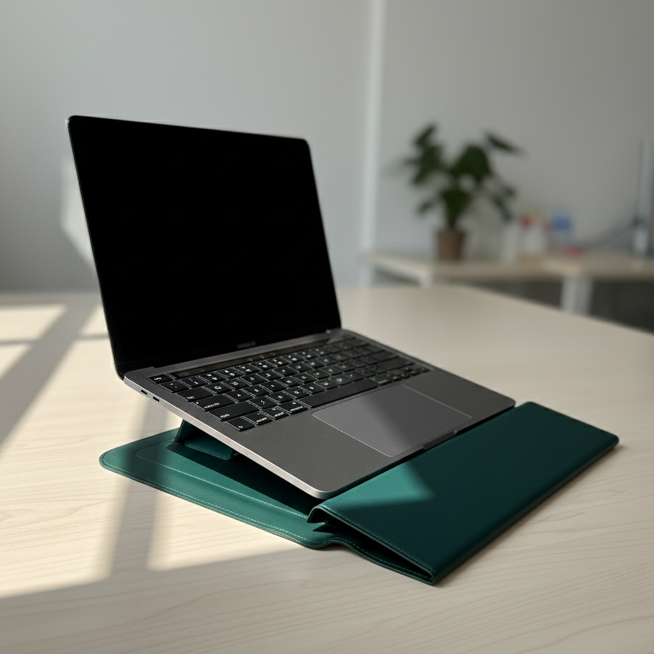 Open laptop on a stand beside a potted plant on a light-colored desk.