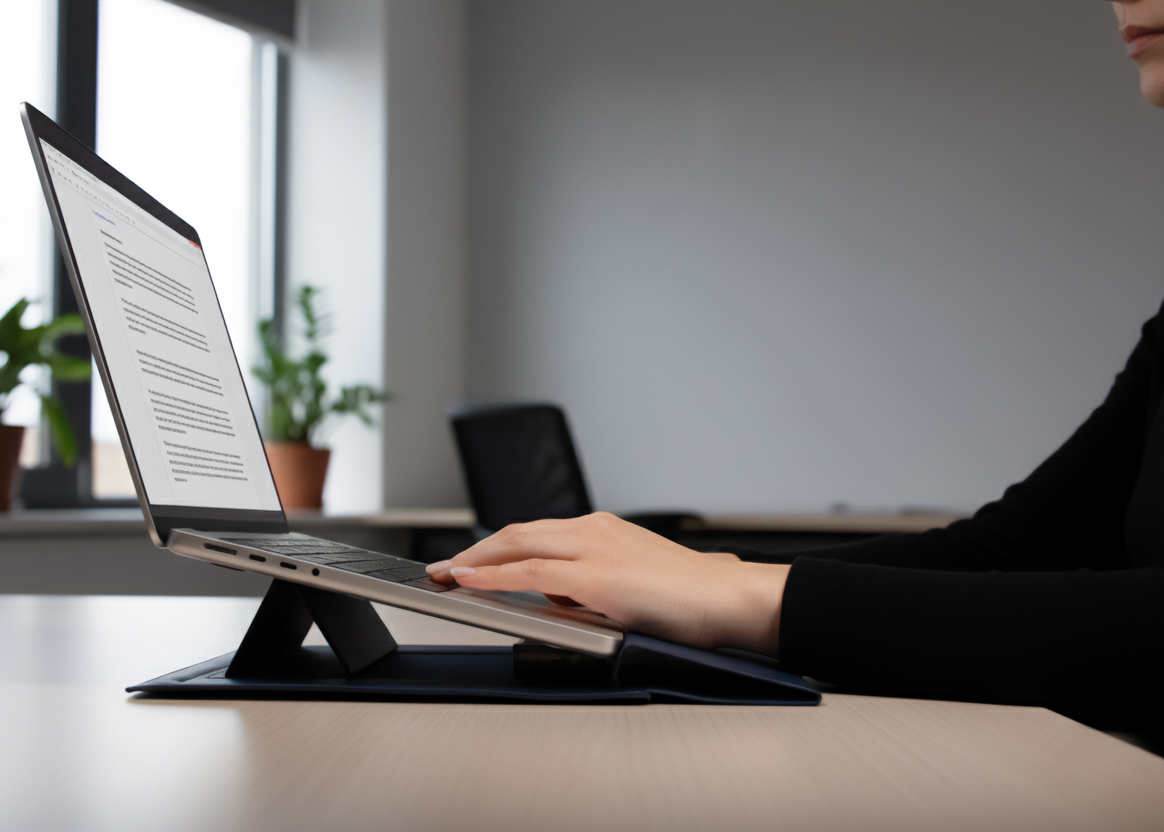 Person typing on a laptop in a modern office setting.