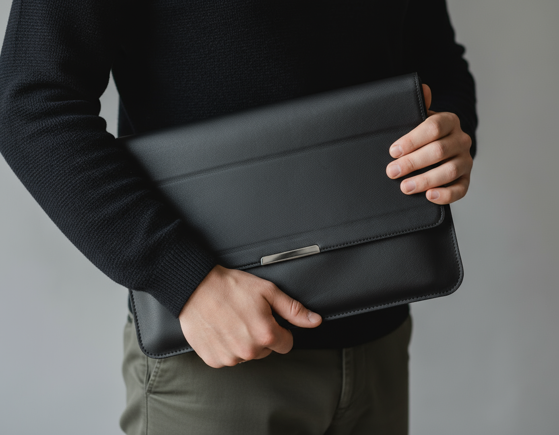 Person holding a black leather folder close to their body.