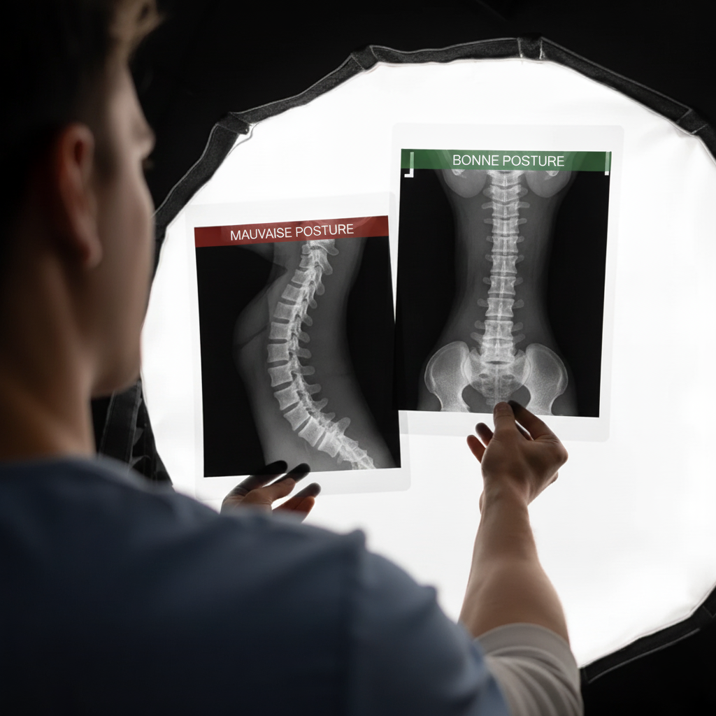 Person examining two spinal X-rays labeled 'Mauvaise Posture' and 'Bonne Posture.'