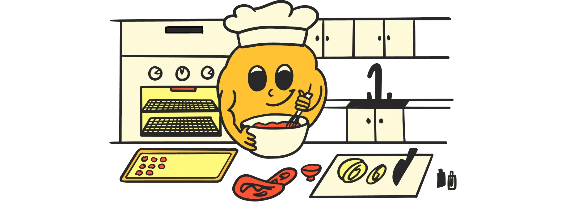 A cartoon illustration of a smiling character in a chef's hat cooking in a kitchen.