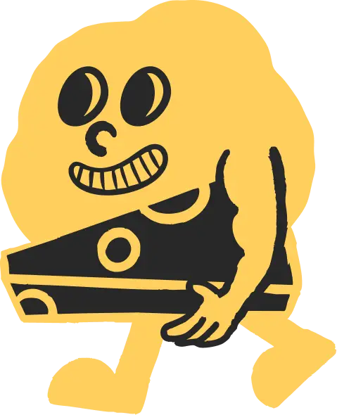 A smiling yellow cartoon character with a muscular arm carries a large wedge of Swiss cheese.