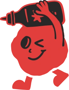 A winking red cartoon character walking while carrying a black bottle over its shoulder.