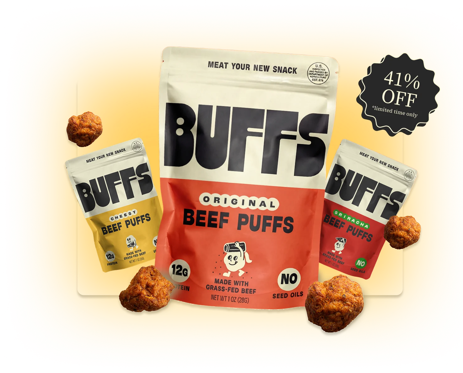 Three bags of Buffs Beef Puffs in Original, Cheesy, and Sriracha flavors, with a 41% off sticker.