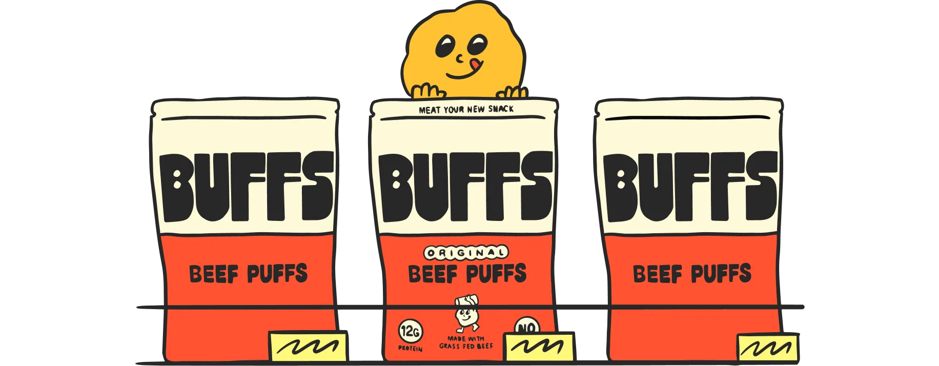A cartoon illustration of three bags of Buffs Beef Puffs on a shelf with a mascot.