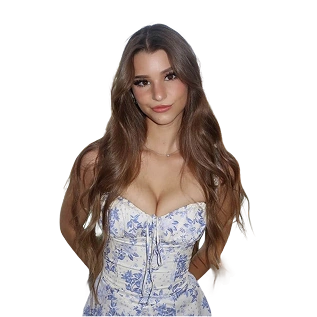 A young woman with long brown hair wearing a blue and white floral dress against a white background.