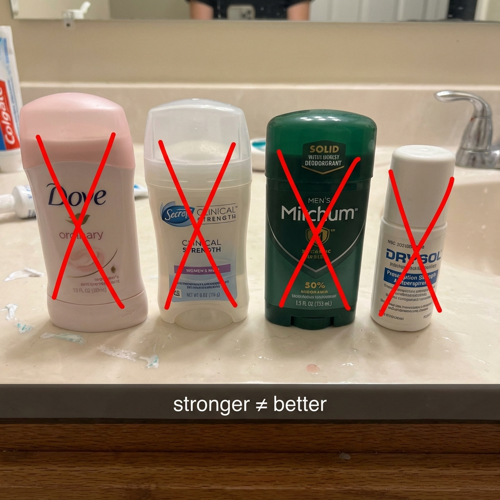Four different antiperspirant sticks on a bathroom counter, each with a large red X drawn over it.