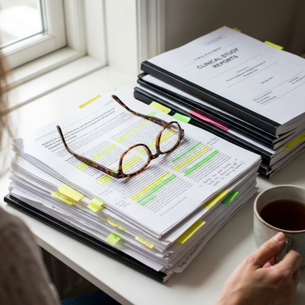 Stack of documents with glasses and a cup of tea on a desk.