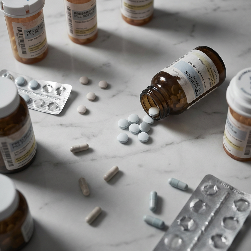 Prescription pill bottles and scattered pills on a marble surface.