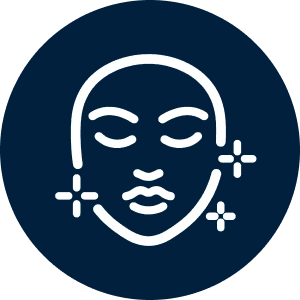A white icon of a face with closed eyes and sparkles within a dark blue circle.