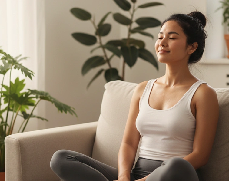 Woman sitting cross-legged on a sofa, eyes closed, surrounded by plants.