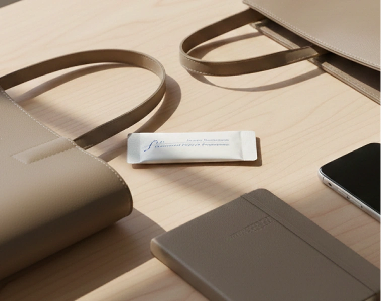 Beige leather items and a phone on a wooden surface.