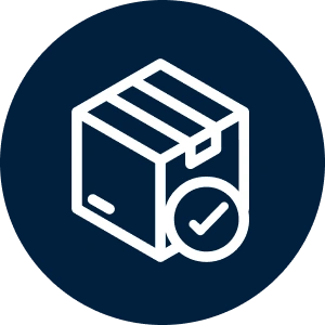 A white line-art icon of a sealed box with a checkmark, set against a dark blue circular background.