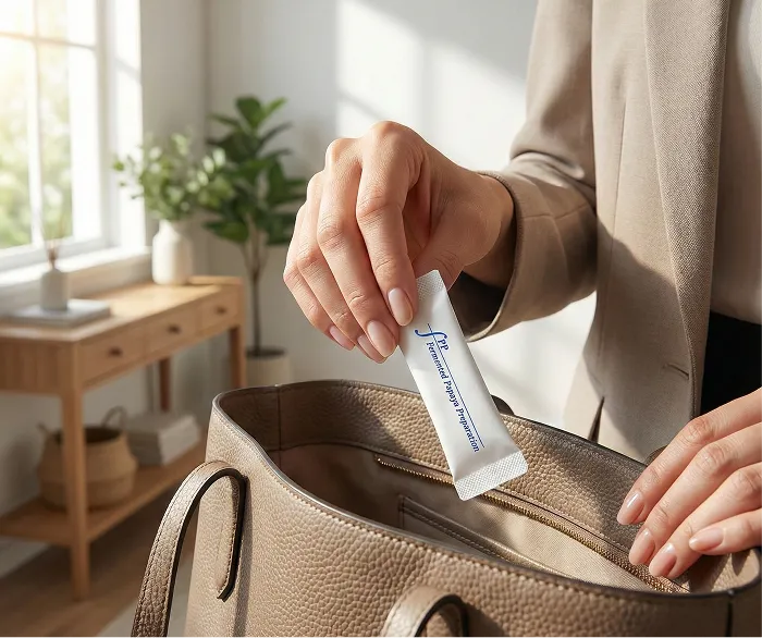 A person places a white sachet of Fermented Papaya Preparation into a light brown leather handbag.