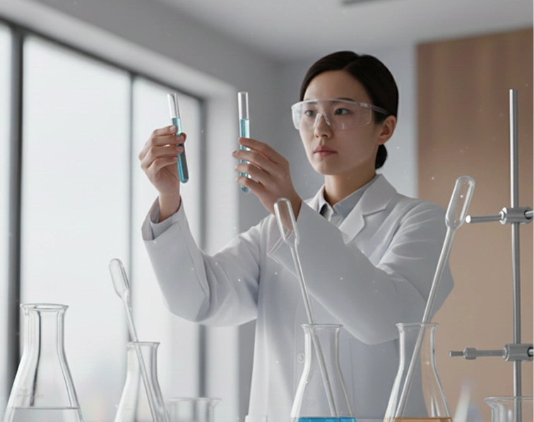 Scientist wearing goggles examines blue liquid in test tubes in a laboratory.