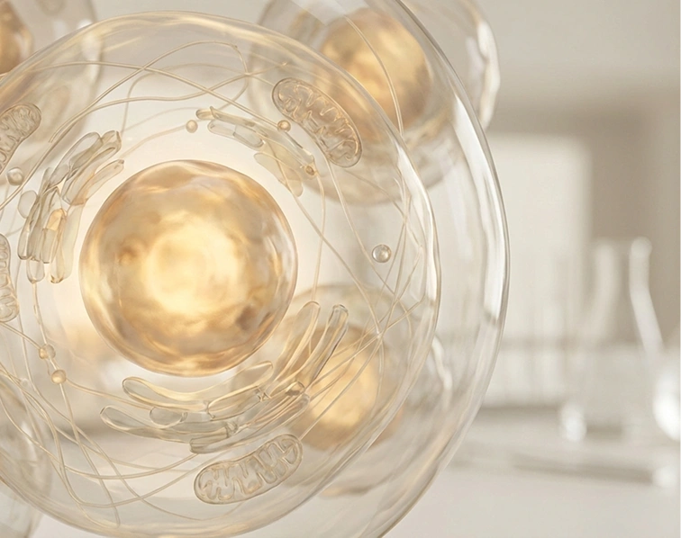 Close-up of a transparent, abstract structure with glowing center and intricate lines.