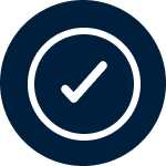 A white line-art icon of a sealed box with a checkmark, set against a dark blue circular background.
