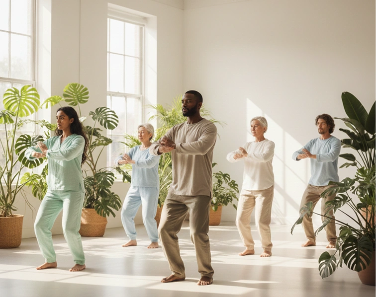 Five people practicing tai chi in a sunlit room with plants.