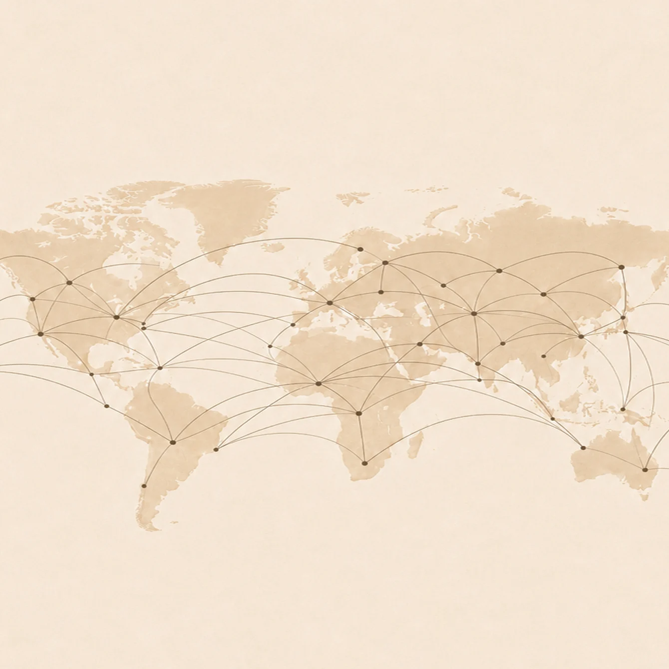 A vintage-style world map with a network of interconnected points overlaid on the continents.