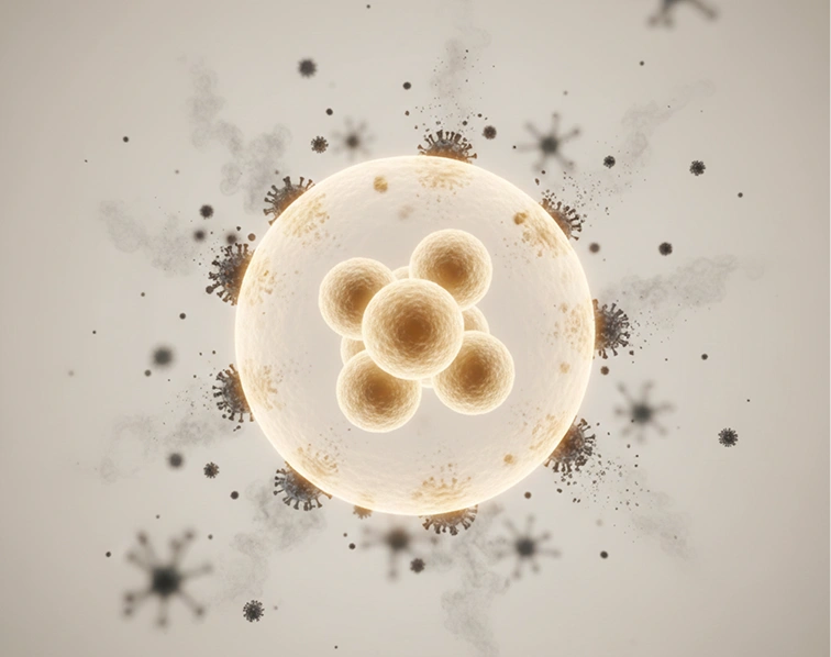 Illustration of a large cell surrounded by smaller particles floating in space.