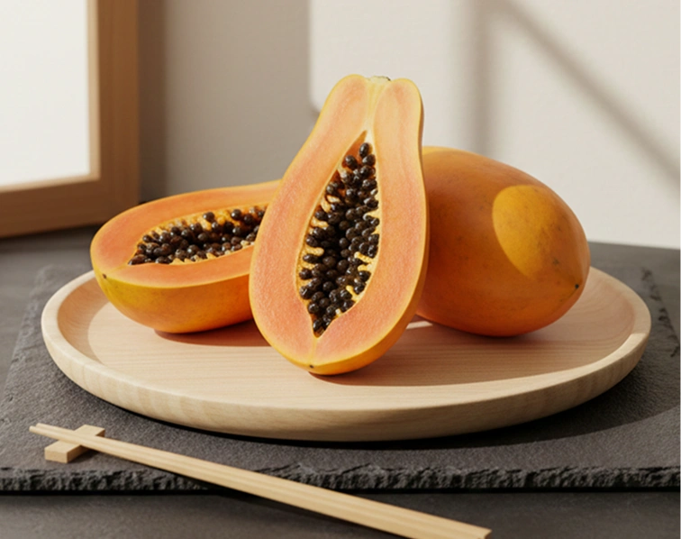 Papaya fruit sliced open on a round wooden plate.