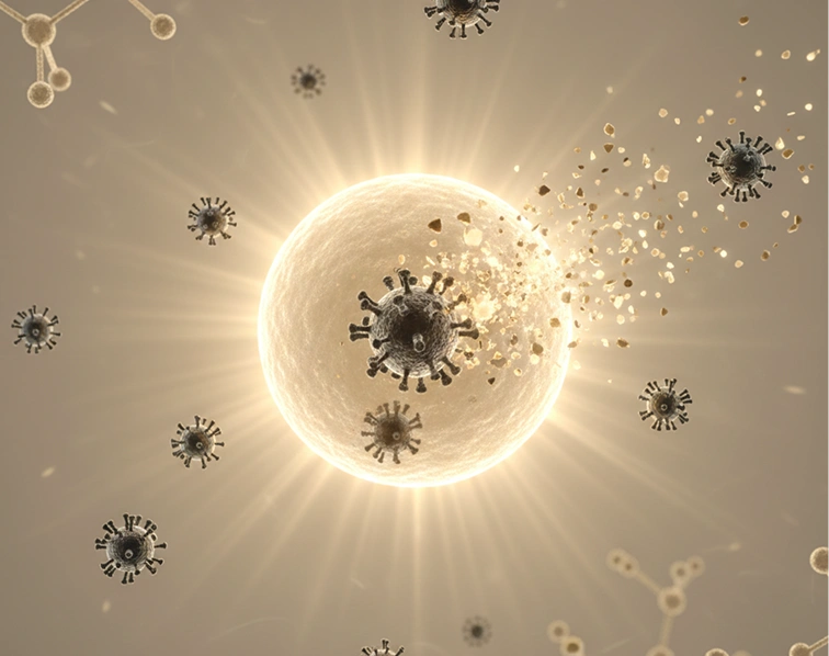 Illustration of viruses surrounding a glowing, breaking cell in a beige background.