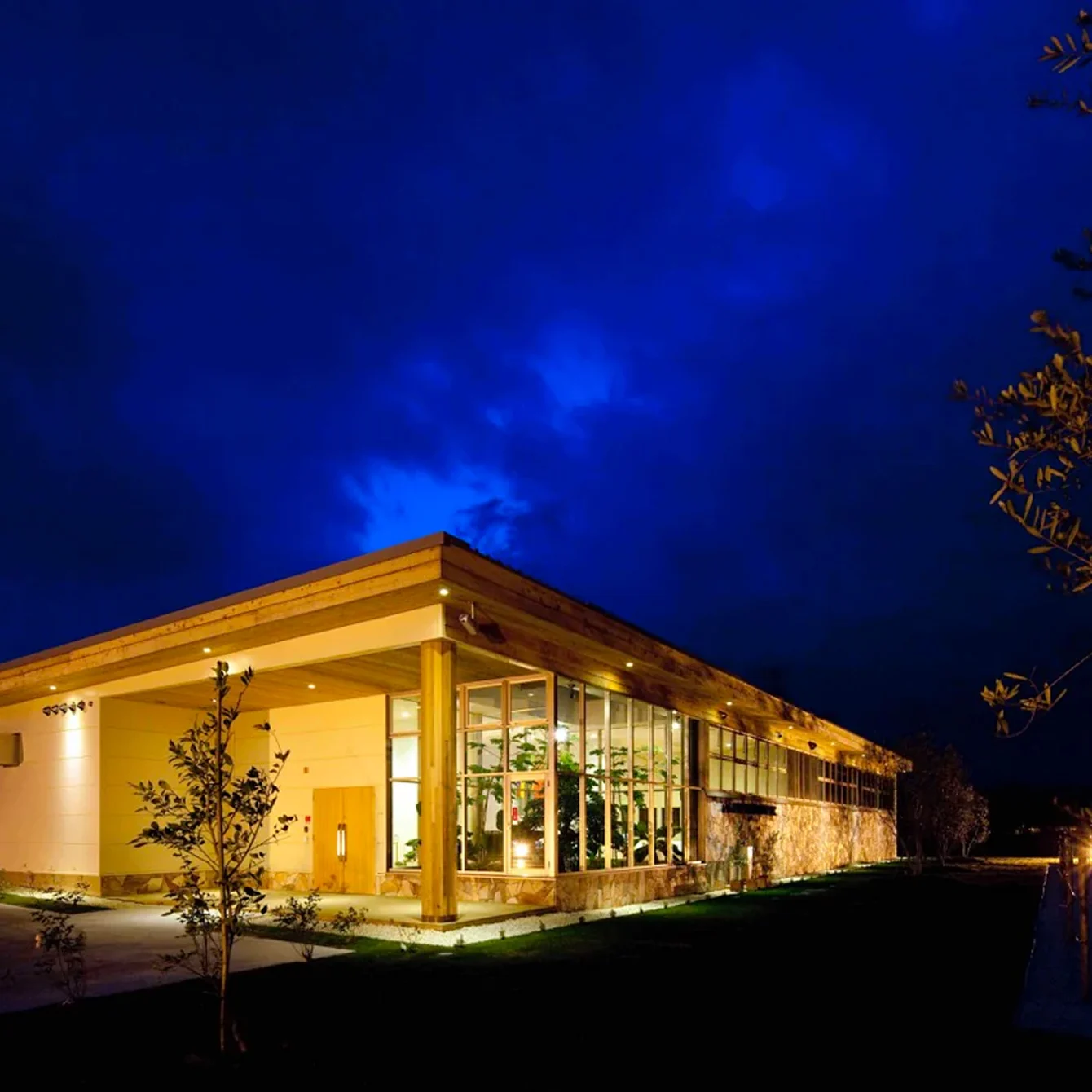 A modern, illuminated building with a wood and stone facade under a dark blue night sky.