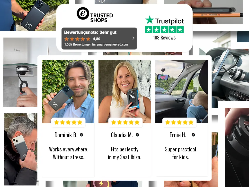 Collage of people holding devices with positive reviews and ratings.