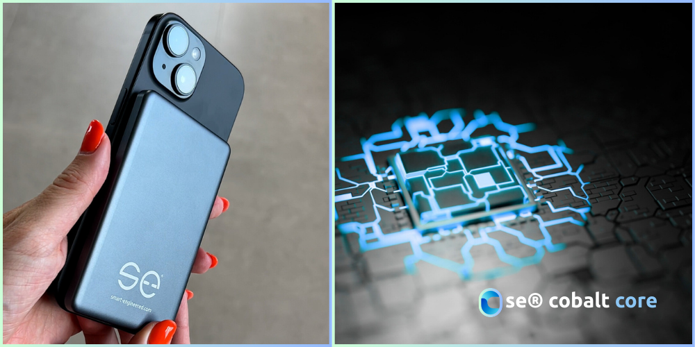 Hand holding a smartphone with a sleek case; digital circuit design on the right.