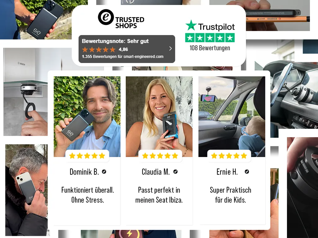 Collage of people holding devices with reviews and ratings from Trusted Shops and Trustpilot.