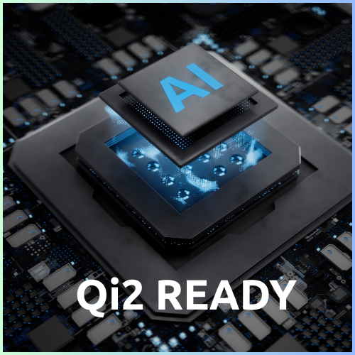 Close-up of a computer chip labeled 'AI' with 'Qi2 READY' text.