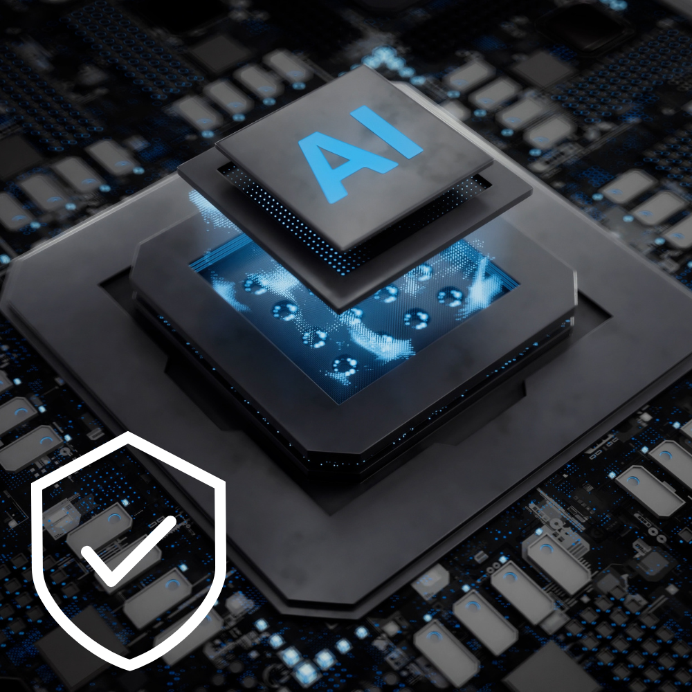 AI chip on a circuit board with a security shield icon.