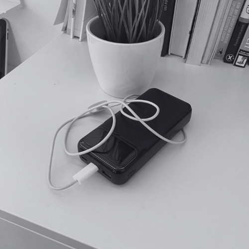 Smartphone and charger on a desk beside a potted plant and books.
