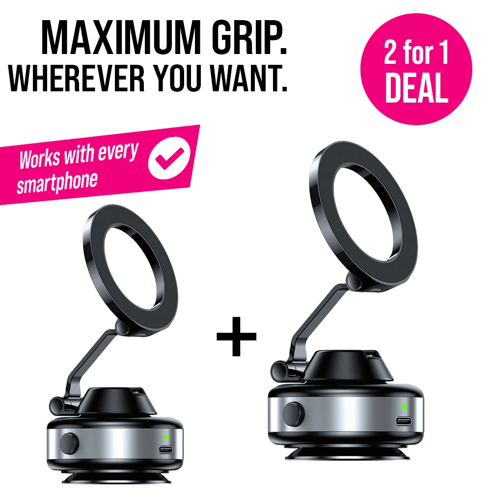 Two smartphone holders with text promoting a 2-for-1 deal.