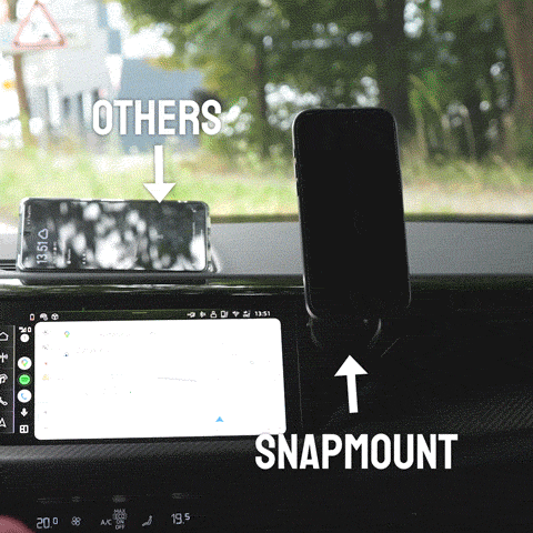 Two phones mounted on a car dashboard, labeled 'OTHERS' and 'SNAPMOUNT.'