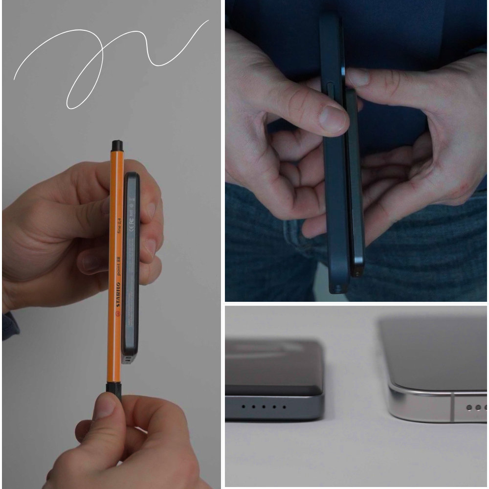 Collage of hands holding a phone, pencil, and close-up of phone edges.