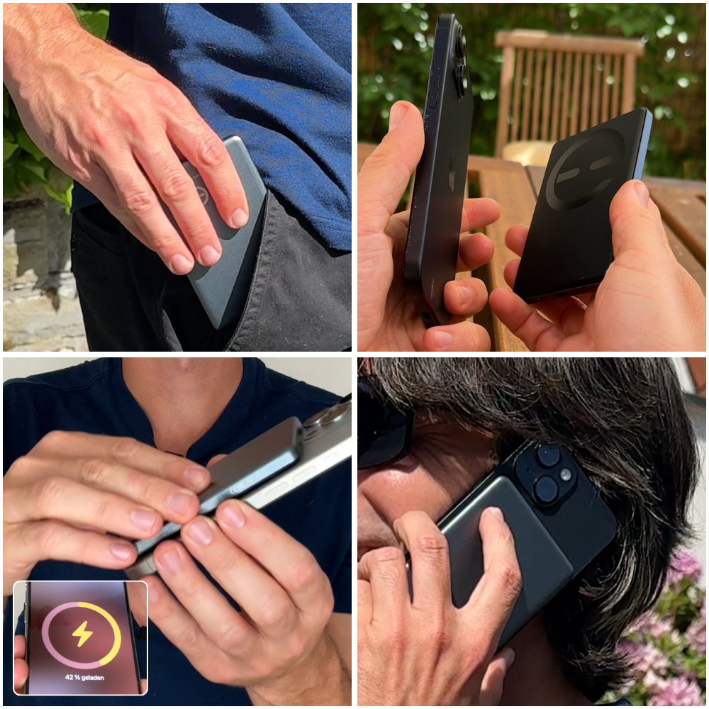 Collage of hands using a smartphone with a detachable battery pack.