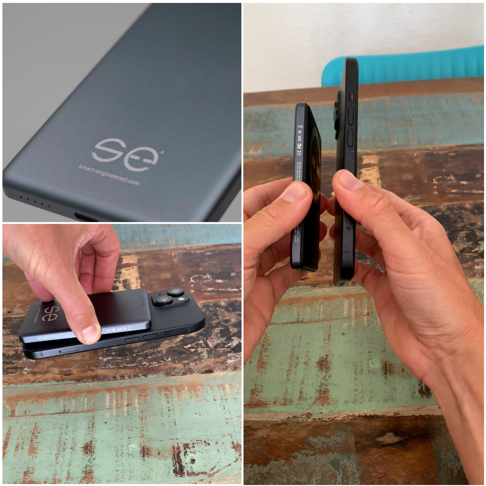 Collage of a smartphone and a slim device with 'se' logo, held and placed on a table.