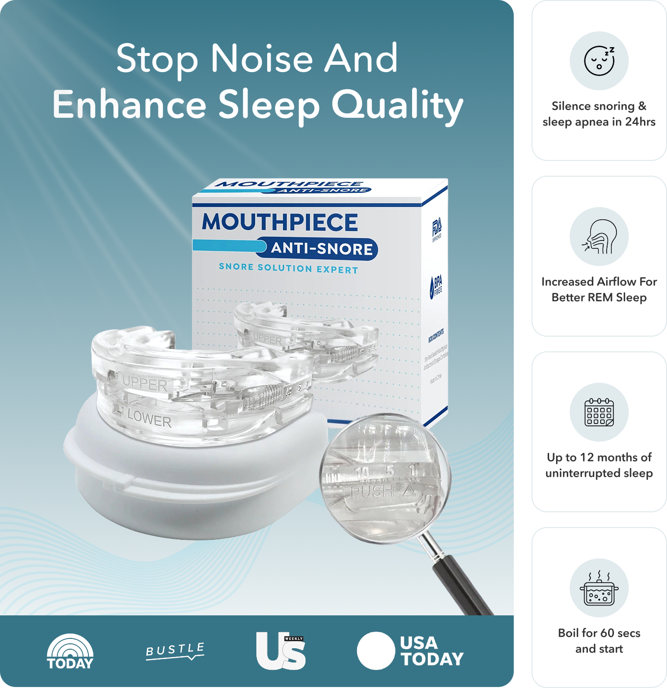 Anti-snore mouthpiece packaging, promising improved sleep quality and reduced snoring.