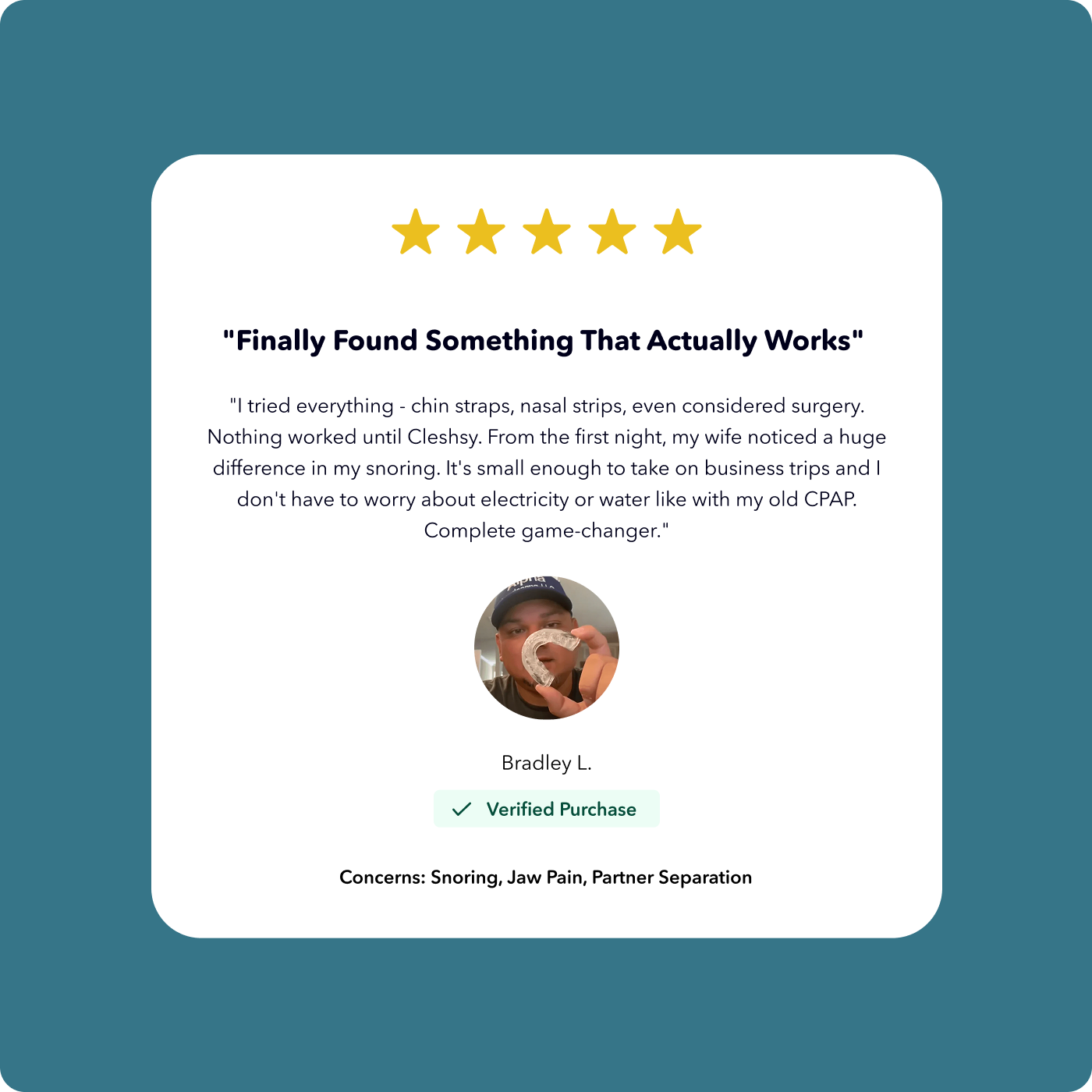 Testimonial for Cleshy product with five-star rating and customer photo.