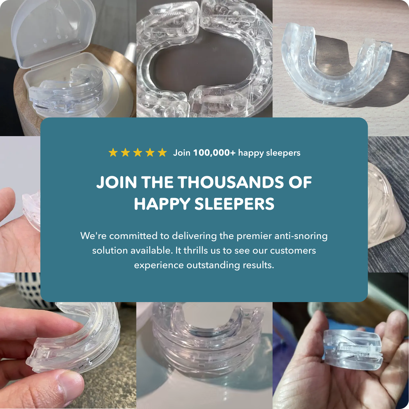 Collage of anti-snoring mouthpieces with promotional text about joining happy sleepers community.