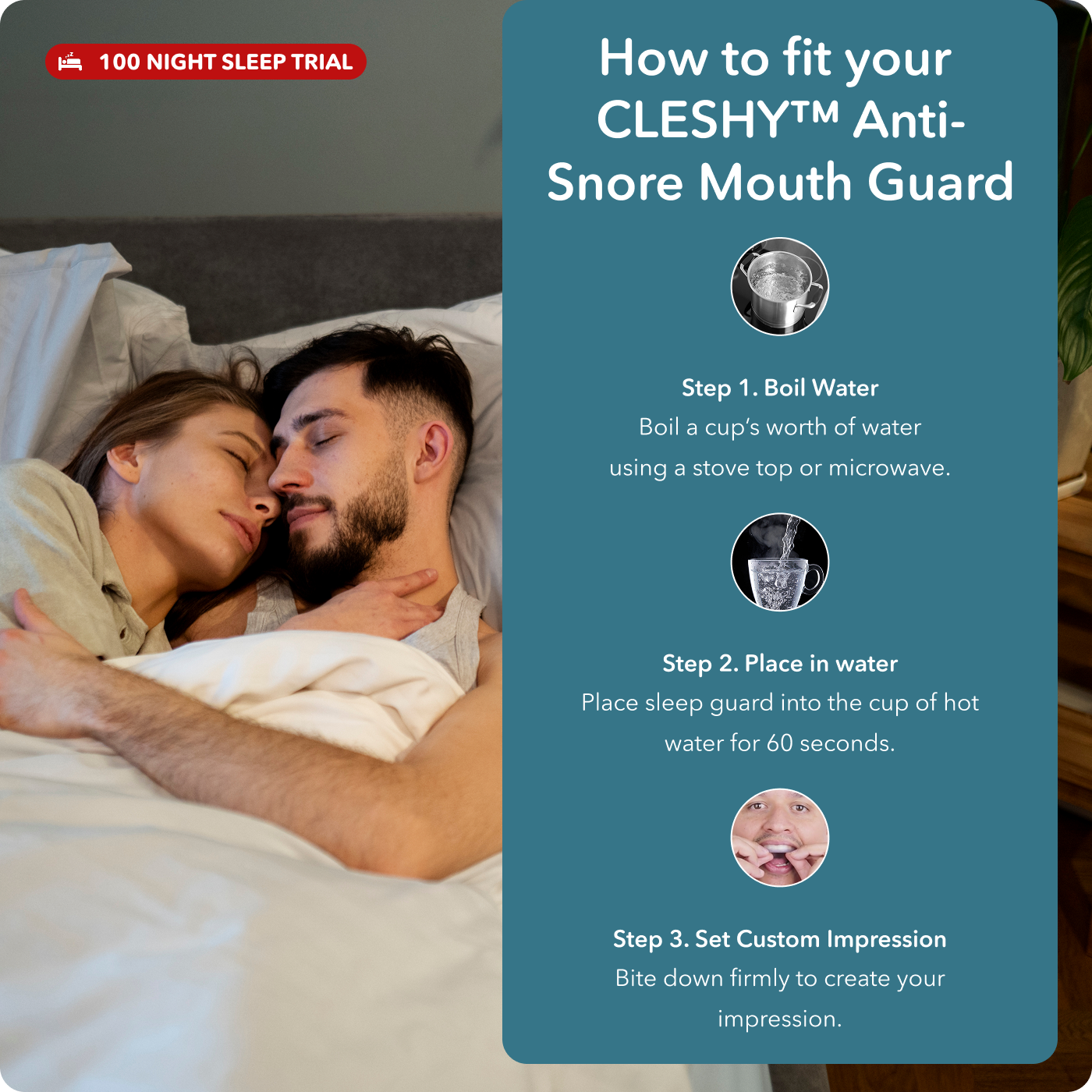 Couple cuddling in bed; mouthguard fitting instructions displayed beside.
