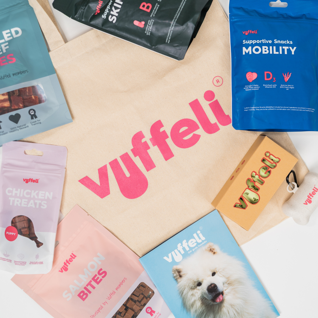 Assorted Vuffeli pet products and packaging on a white background.