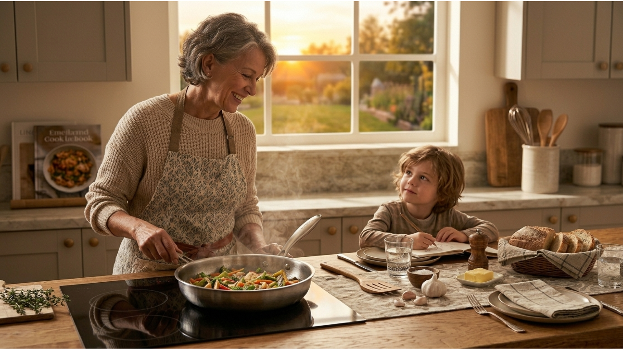An older woman smiles while cooking in a sunlit kitchen as a young boy sits and watches her.
