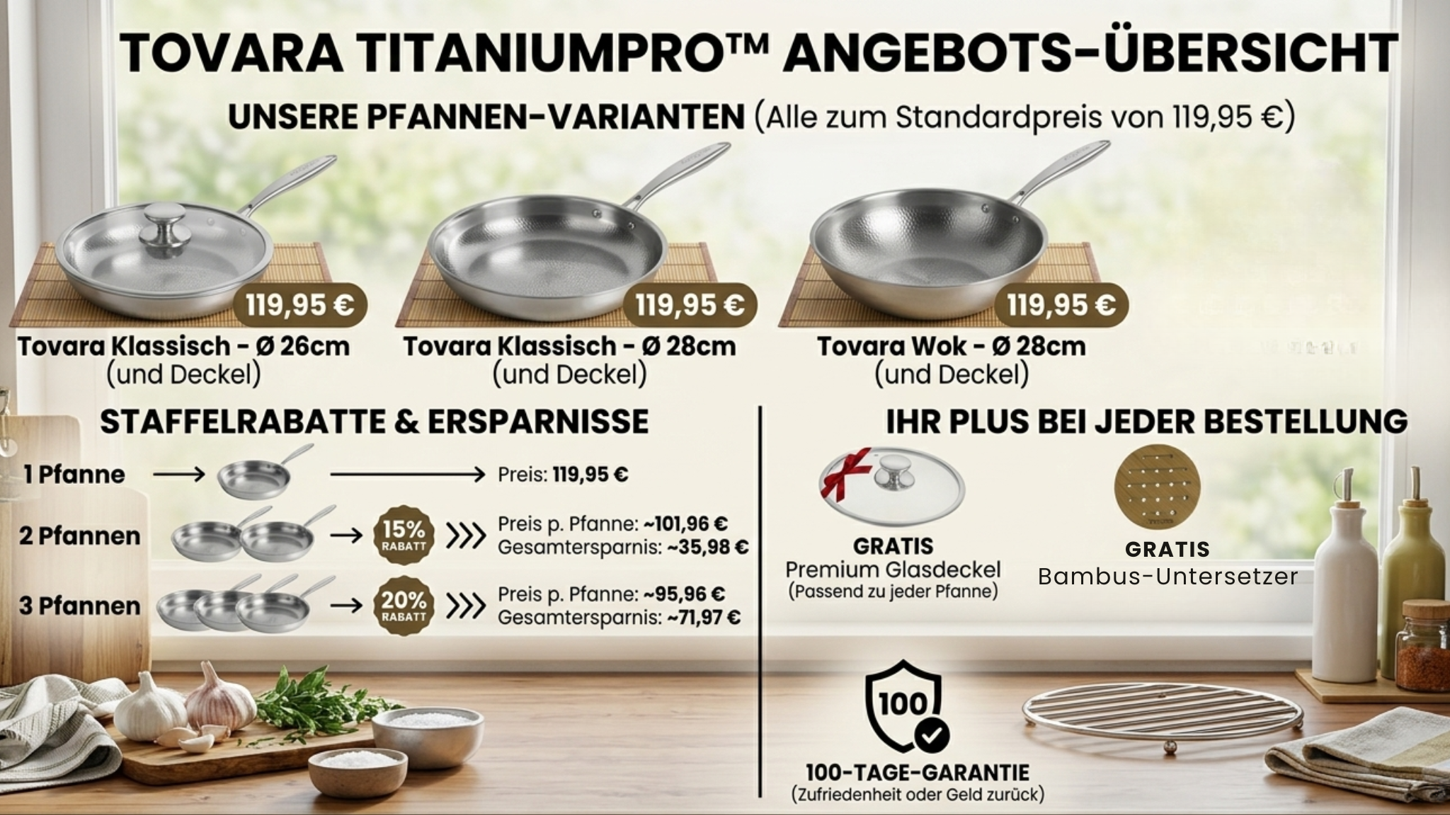An advertisement in German for Tovara pans, showing different models, pricing, and special offers.