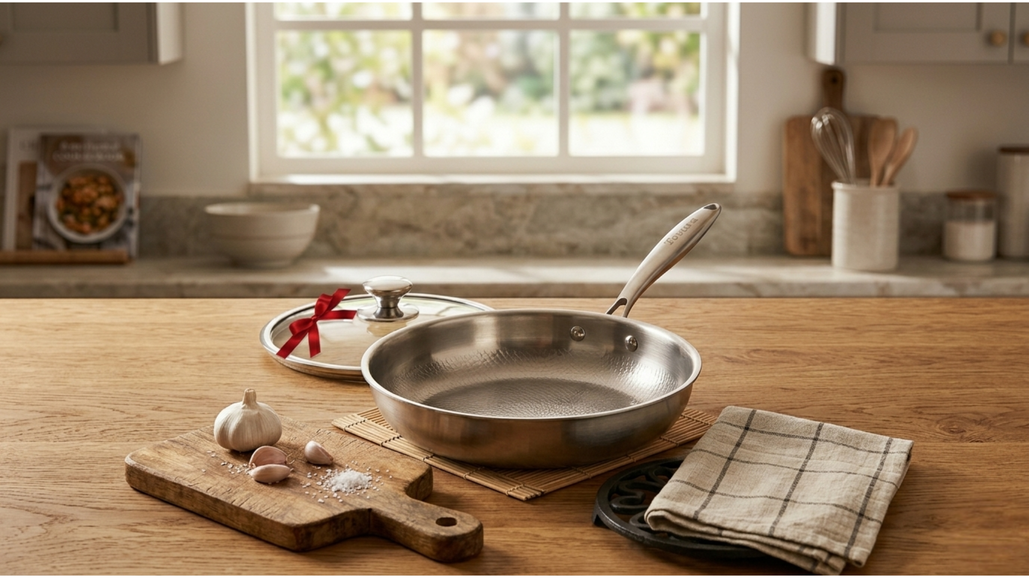 A stainless steel frying pan sits on a wooden kitchen countertop next to garlic and a cutting board.