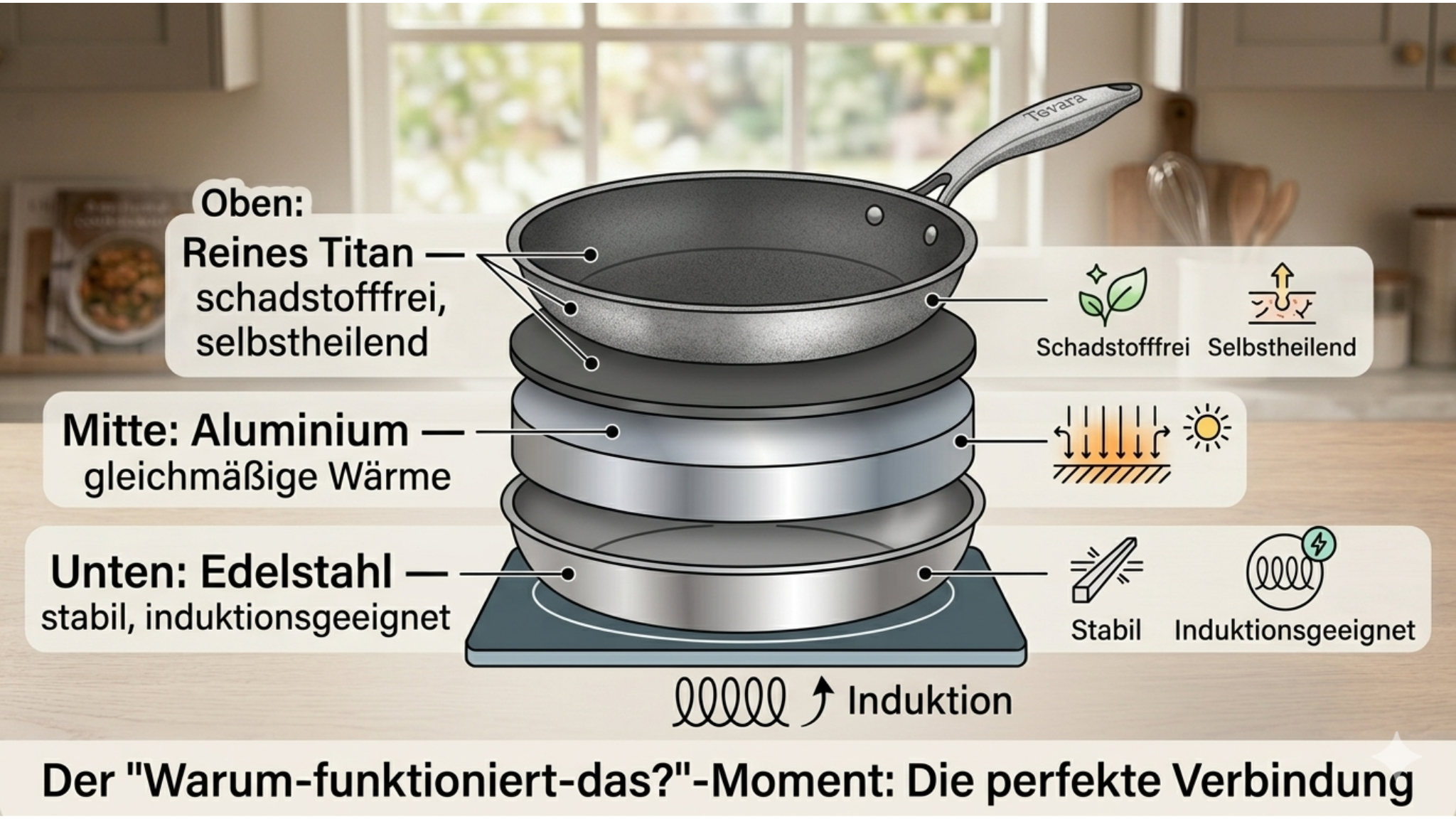 An infographic in German showing the multi-layer construction of a frying pan on an induction cooktop.